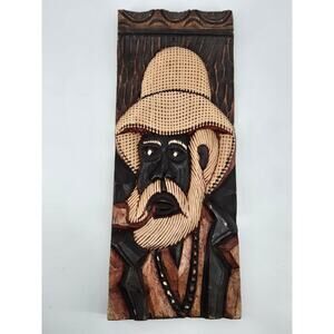 Vtg Hand Carved Quadro Preto Velho Wooden Brazilian Folk Art Panel Wall Hanging